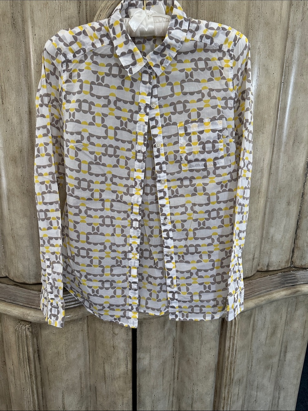 Halogen Patterned Button-Up Shirt in White, Gray & Yellow